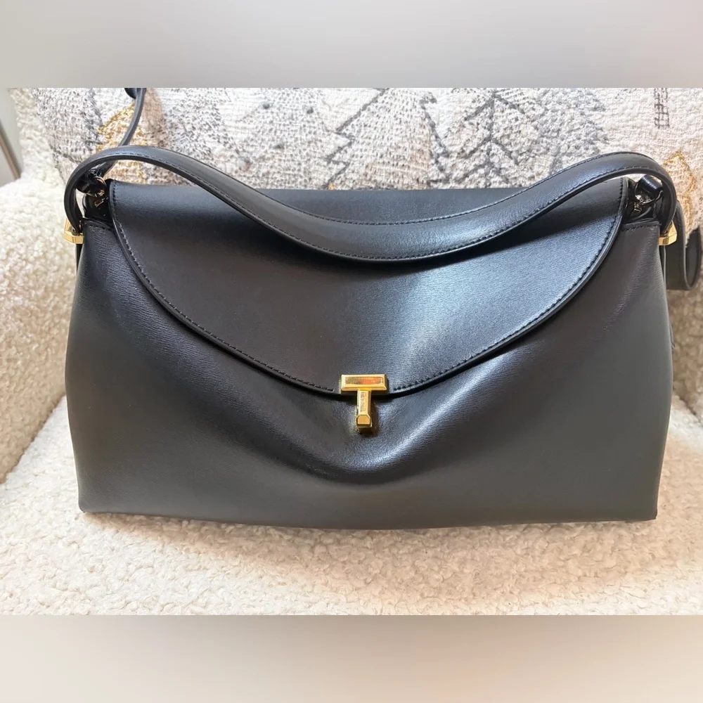 Toteme Black Leather T-Lock Shoulder Bag with Gold Hardware, with top handle